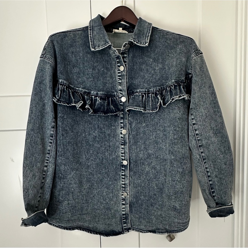 Betseys Boutique Shop Acid Wash Denim Ruffle Button Down Shirt Jacket Womens XL